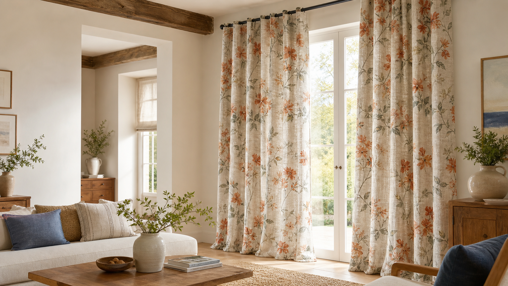 Hattie textured thick linen curtain with warm botanical print in a bright living room